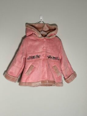 MINIWEAR Girls' Pink Faux Shearling Hooded Coat with Floral Embroidery